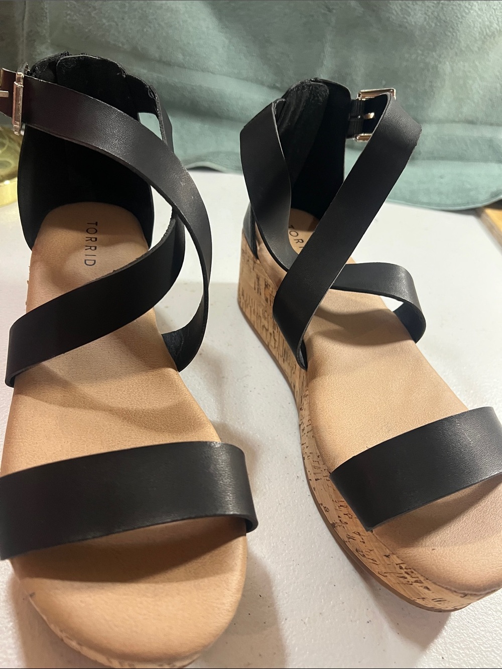 Torrid Black Cork Wedge Sandals with Crisscross Straps